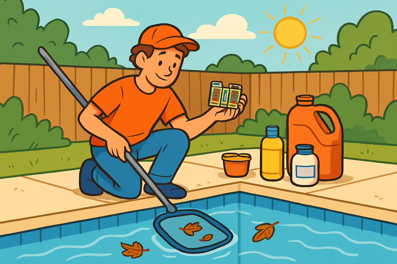 Ilustración de una rutina de mantenimiento de piscina con revisión del agua y retirada de hojas