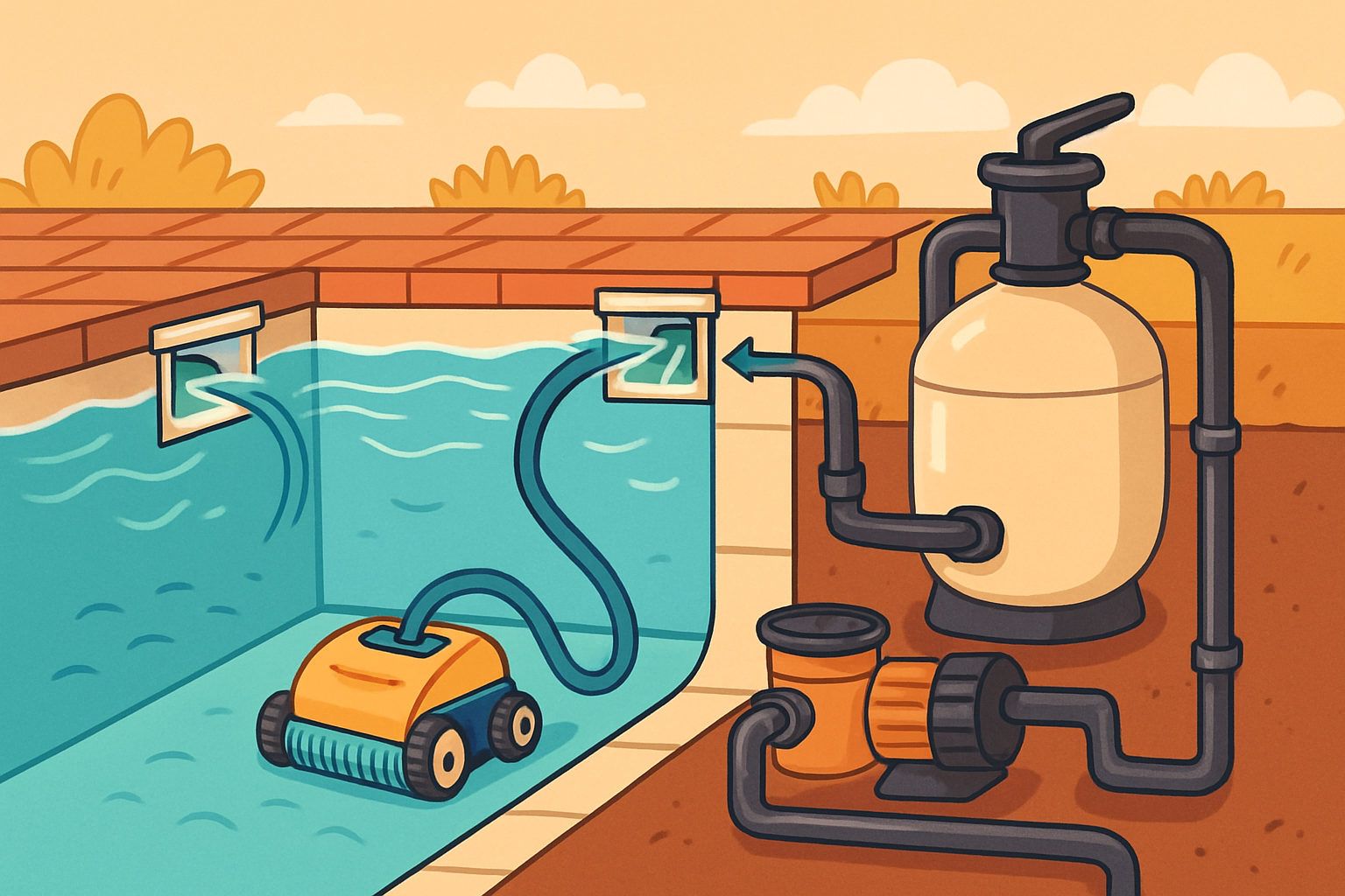 Ilustración de la filtración de piscina y un robot limpiafondos en funcionamiento