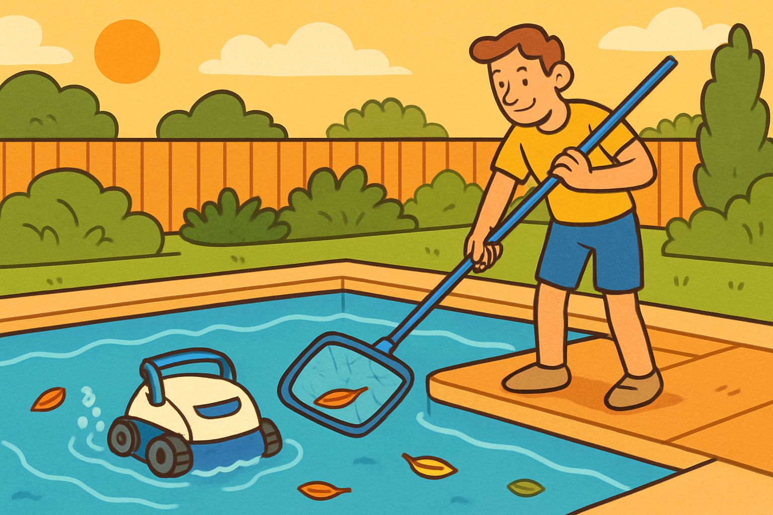 Ilustración de una piscina doméstica con limpieza de superficie y robot limpiafondos en funcionamiento