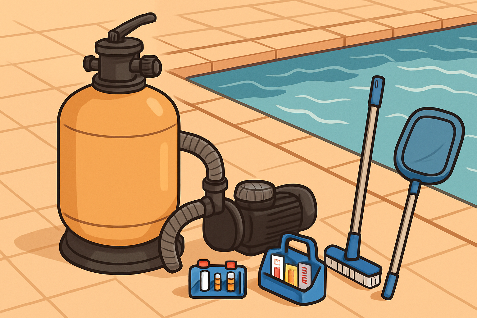Ilustración de equipos de mantenimiento de piscina con filtro, bomba y kit de análisis del agua