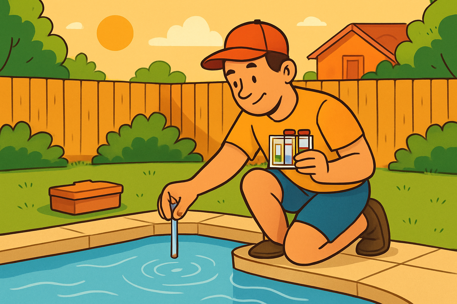 Persona comprobando el pH del agua de la piscina con un medidor