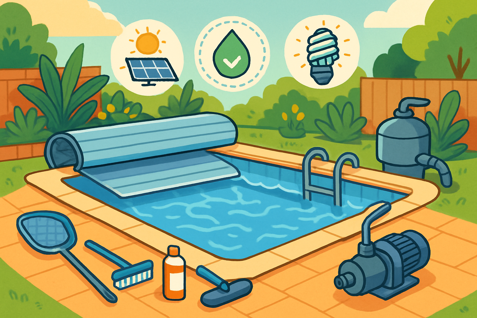 Ilustración de una piscina sostenible con cobertor y elementos de ahorro de agua y energía