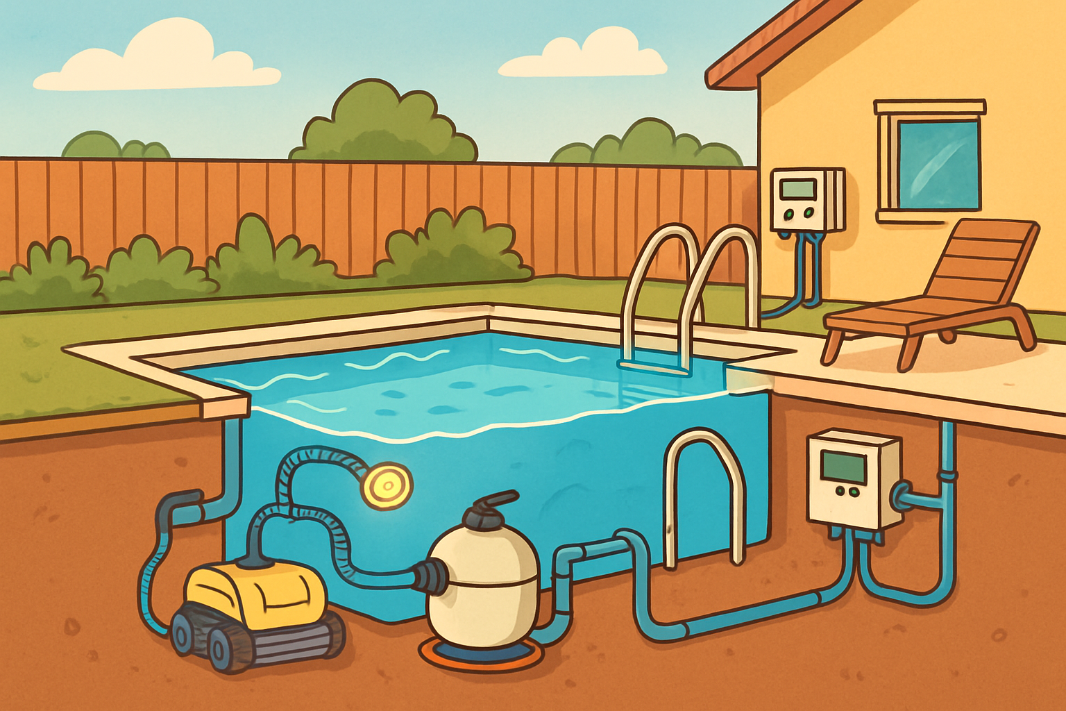 Ilustración de equipos eficientes para una piscina sostenible: filtración, LED y robot limpiafondos