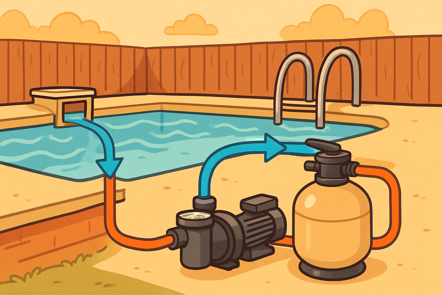 Ilustración de una piscina con el circuito básico de bomba y filtro para explicar la filtración del agua