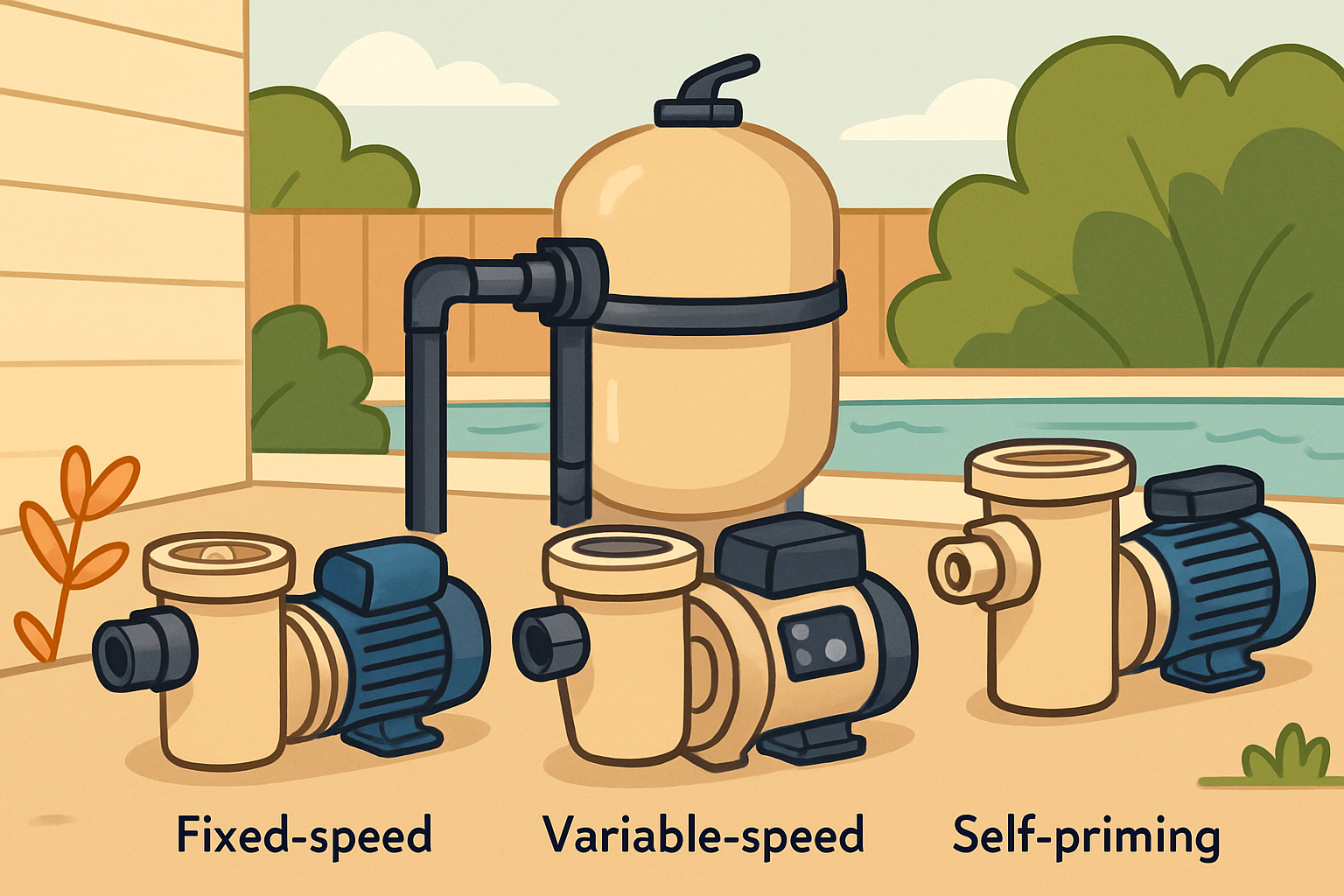 Ilustración comparativa de distintos tipos de bomba para piscina en una instalación doméstica