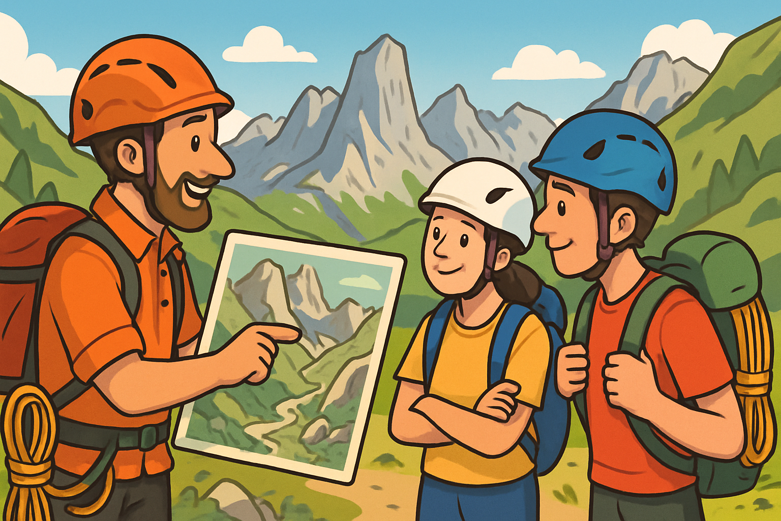 Ilustración de un guía de montaña orientando a dos personas sobre qué actividad hacer en Picos de Europa según su nivel