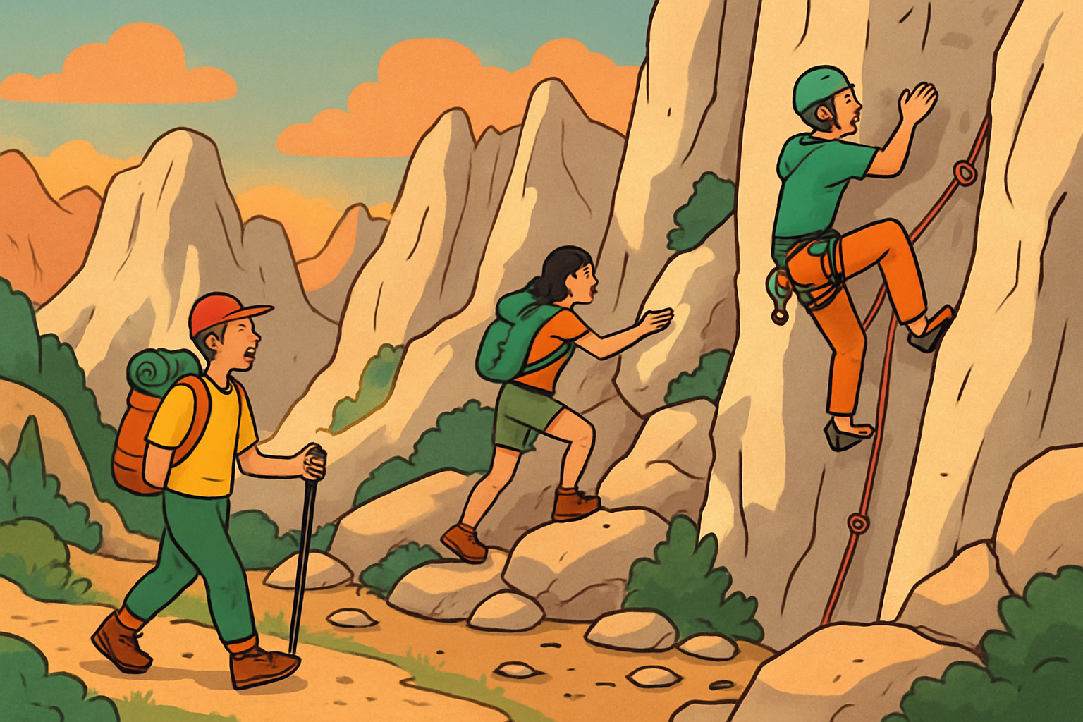 Ilustración de actividades en Picos de Europa por nivel, desde rutas sencillas hasta escalada en pared