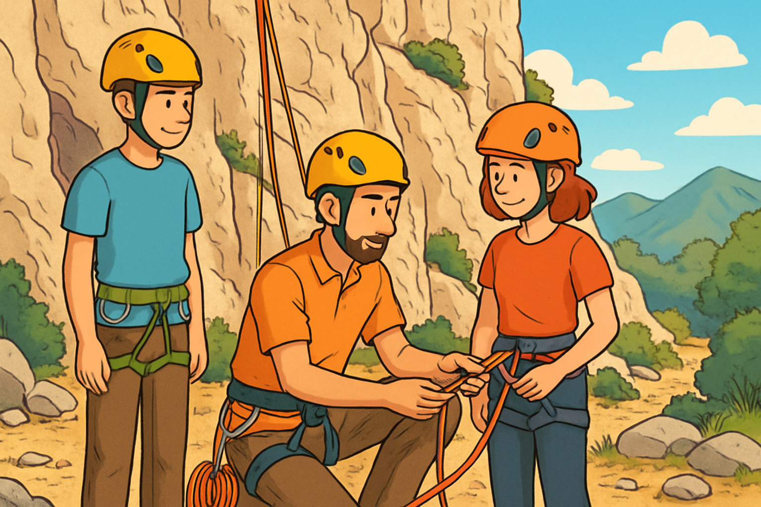 Ilustración de iniciación a la escalada en roca con guía y alumnos en una pared sencilla