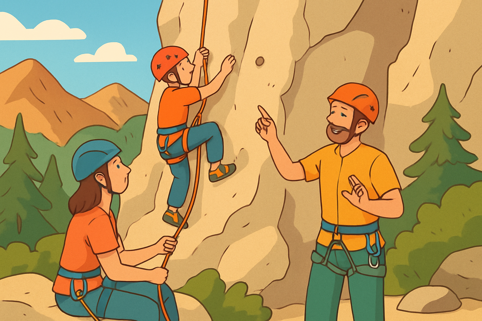 Ilustración de una jornada de curso básico de escalada en roca con revisión de material y práctica