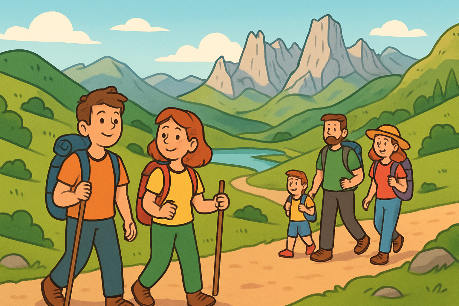 Ilustración de una familia y varios senderistas en una ruta fácil por Picos de Europa