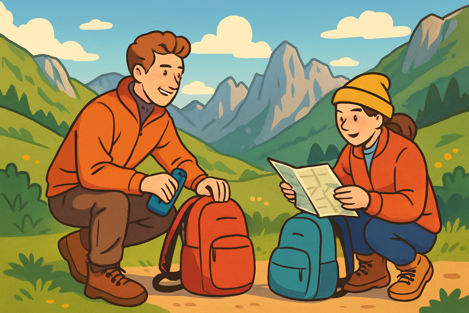 Ilustración del material básico para una ruta fácil de montaña en Picos de Europa