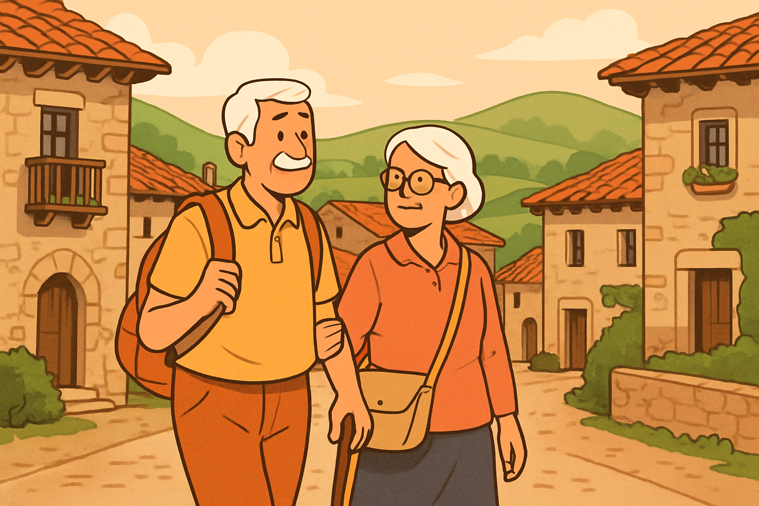 Ilustración de viajeros senior paseando con calma por un pueblo histórico cerca de Santillana del Mar