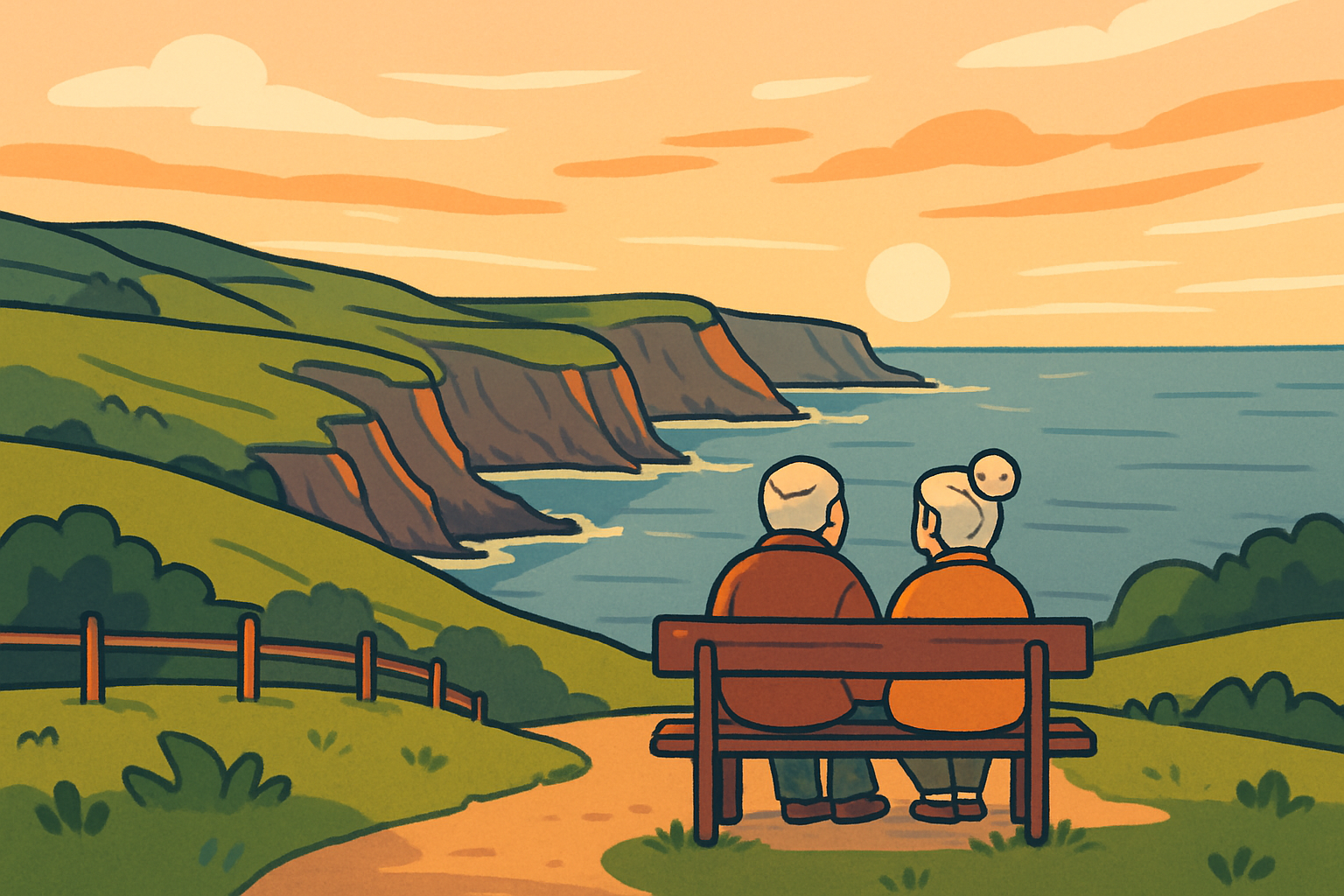Ilustración de una pareja senior descansando frente al mar en un mirador de Cantabria