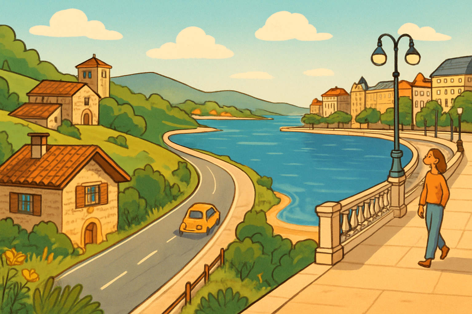 Ilustración de una escapada desde Santillana del Mar hacia Santander con la bahía y la costa central de Cantabria