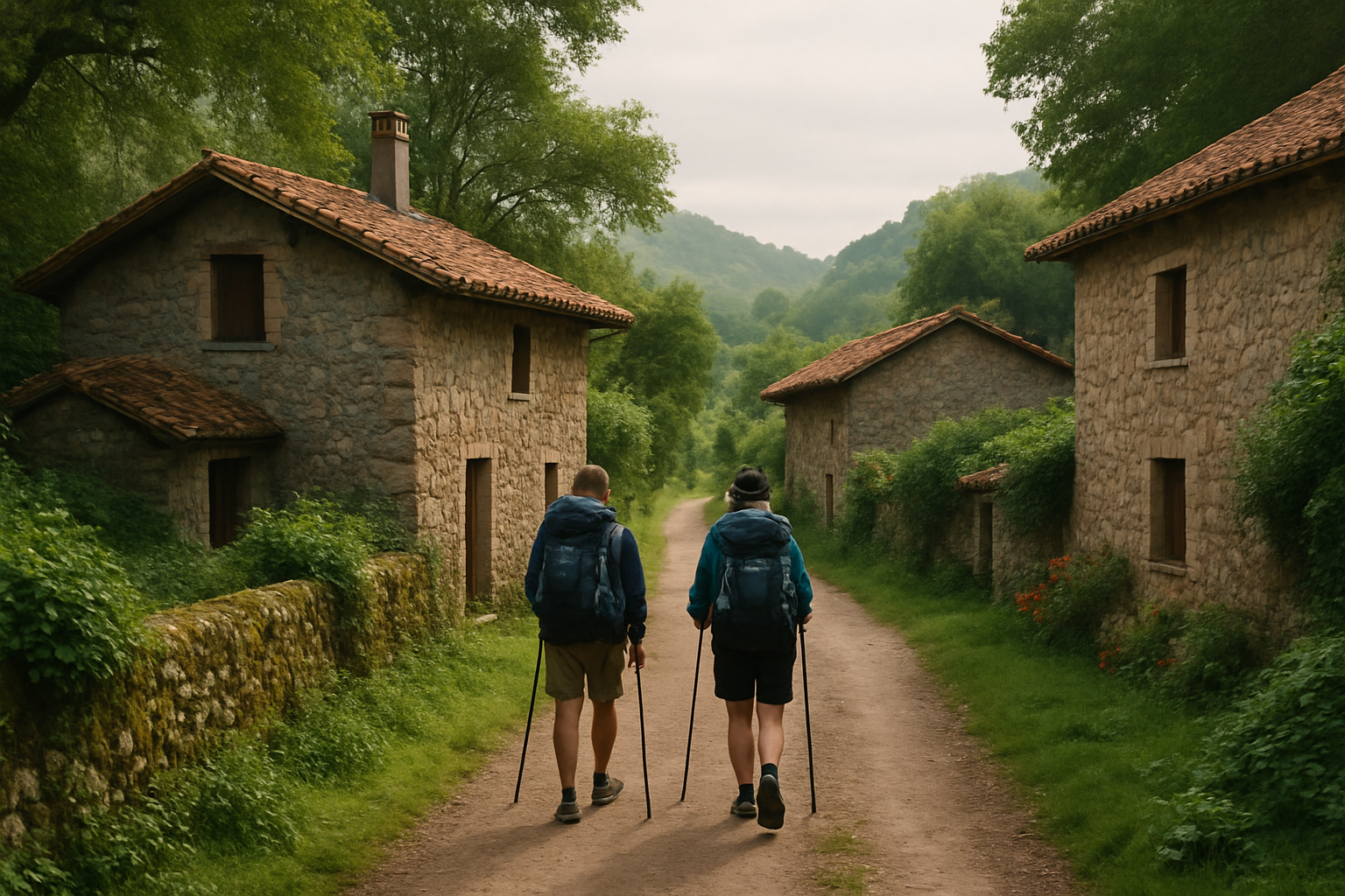 Camino tranquilo entre casas de piedra y vegetación en Cantabria, inspirado en el Camino del Norte y el viaje lento
