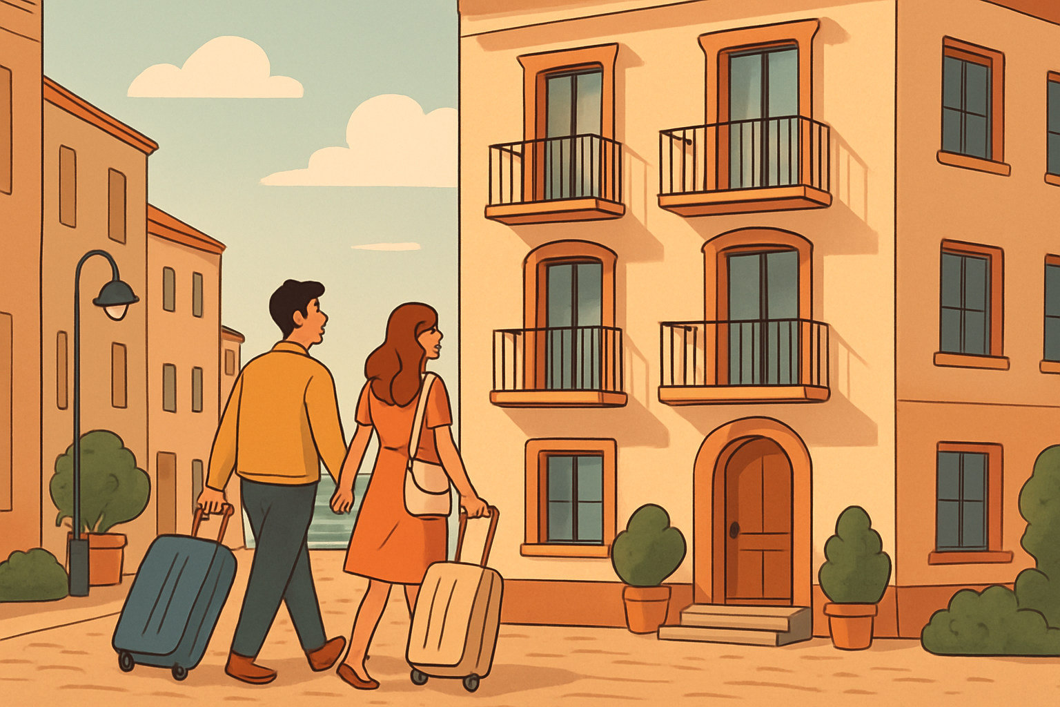 Pareja llegando a Santander para una escapada de fin de semana con maletas ligeras en una zona céntrica tranquila