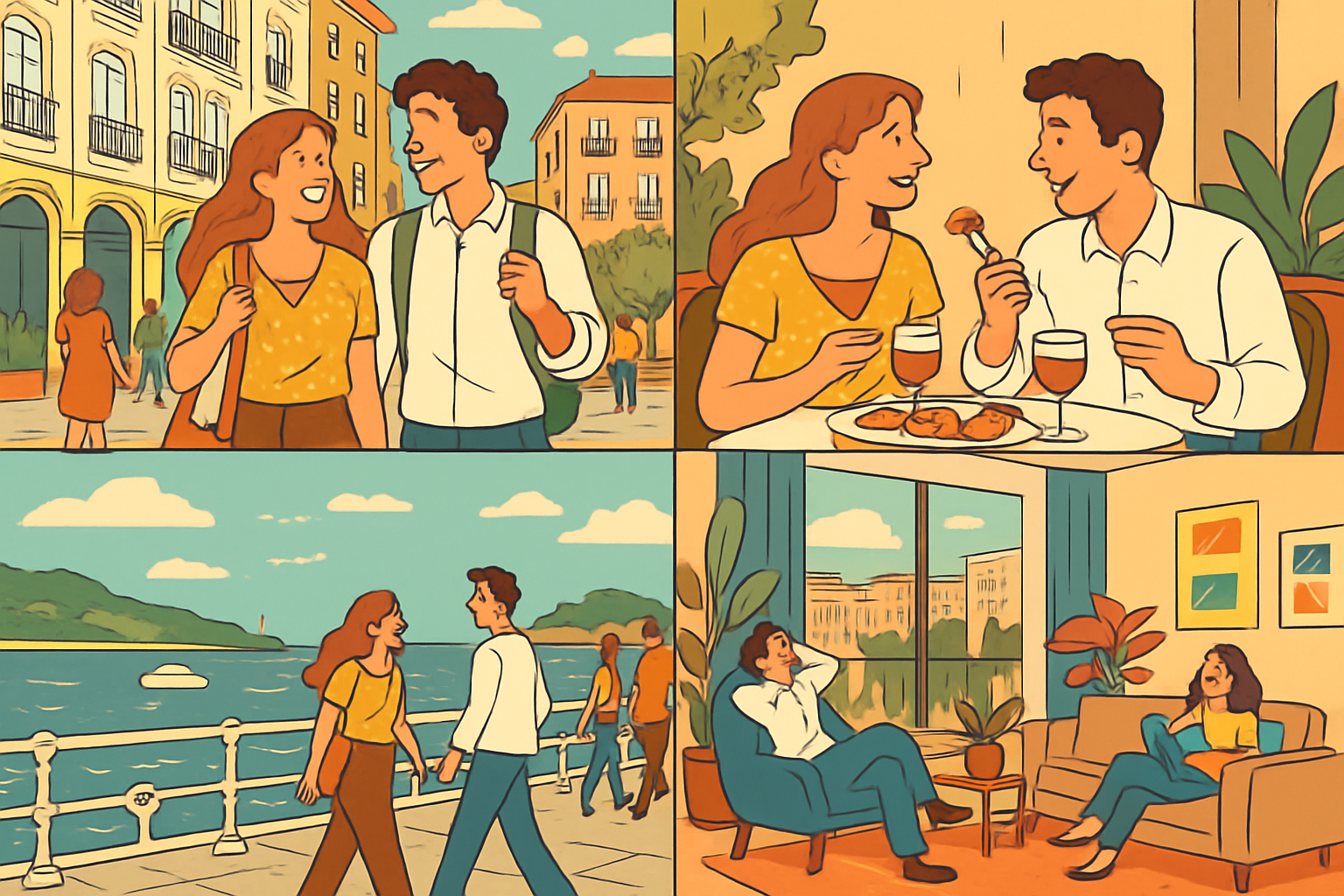 Ilustración de una escapada corta a Santander combinando paseo urbano, gastronomía y descanso en un apartamento moderno