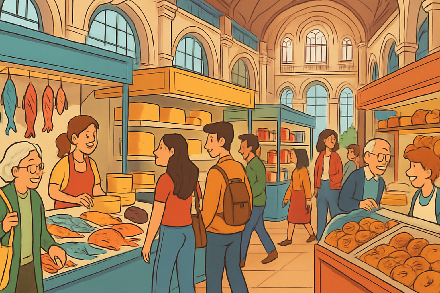 Ilustración del Mercado de la Esperanza de Santander con puestos de pescado, quesos y conservas