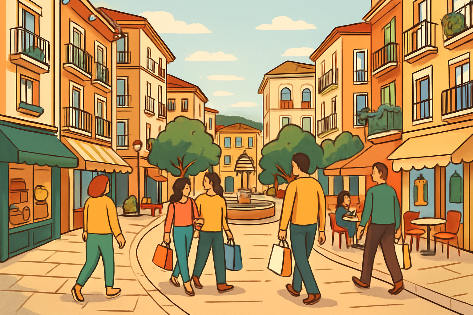 Ilustración de paseo por el centro de Santander entre tiendas, plazas y cafeterías