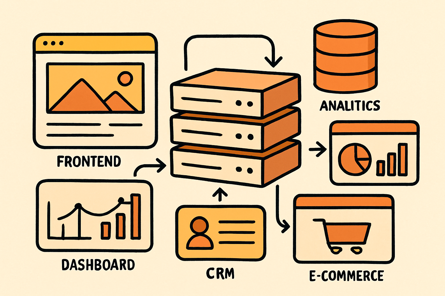 Ilustración de arquitectura web empresarial con módulos conectados y crecimiento digital