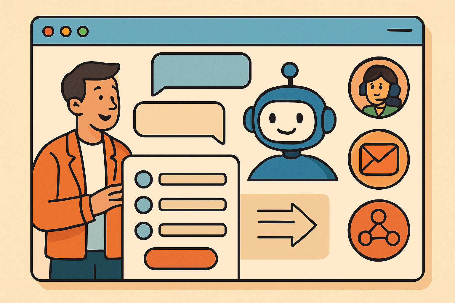 Ilustración de un chatbot IA atendiendo consultas y captando oportunidades desde una web empresarial