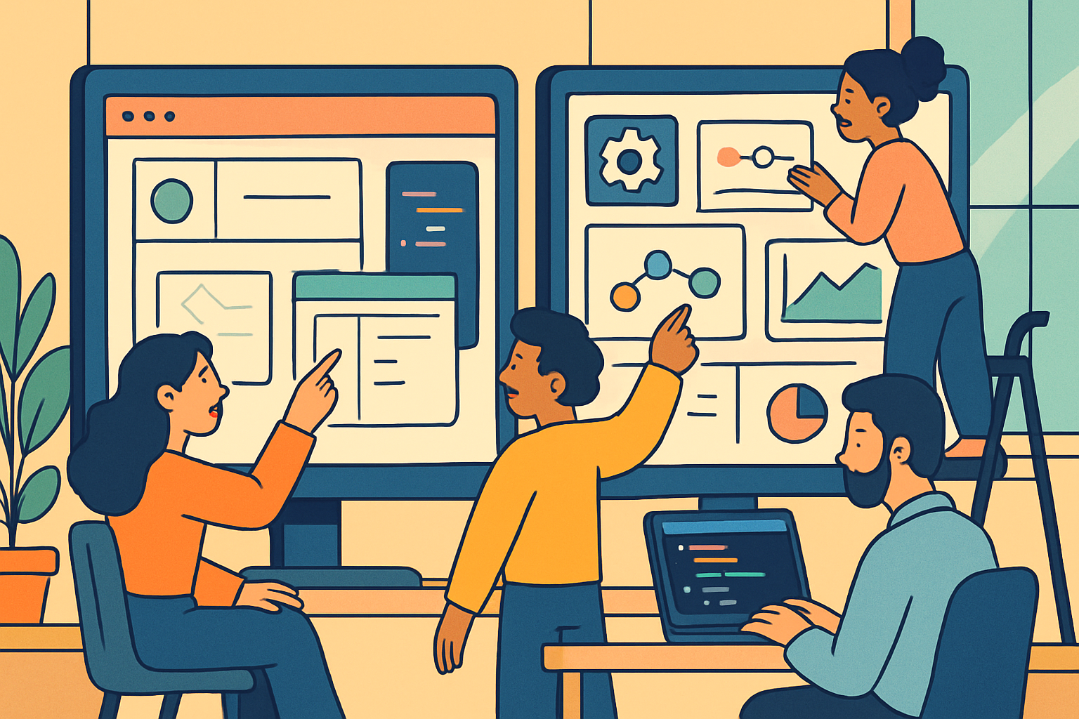 Ilustración de un equipo desarrollando una solución web a medida para una empresa con integraciones y automatizaciones