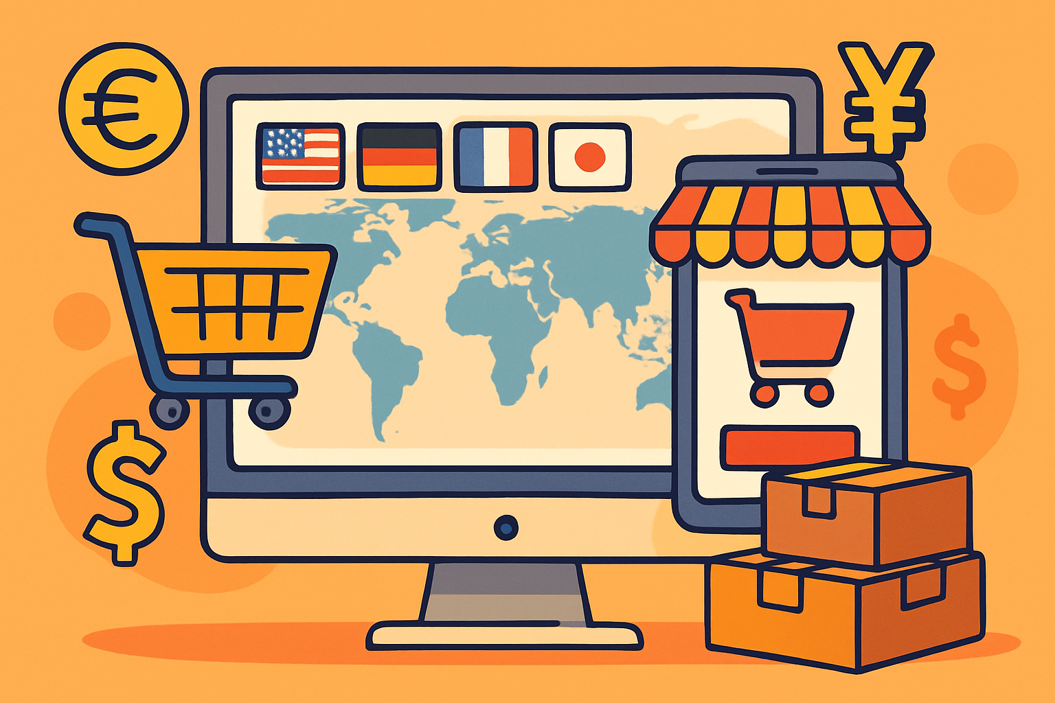 Ilustración de una tienda online multidioma orientada a venta internacional con idiomas, monedas y logística