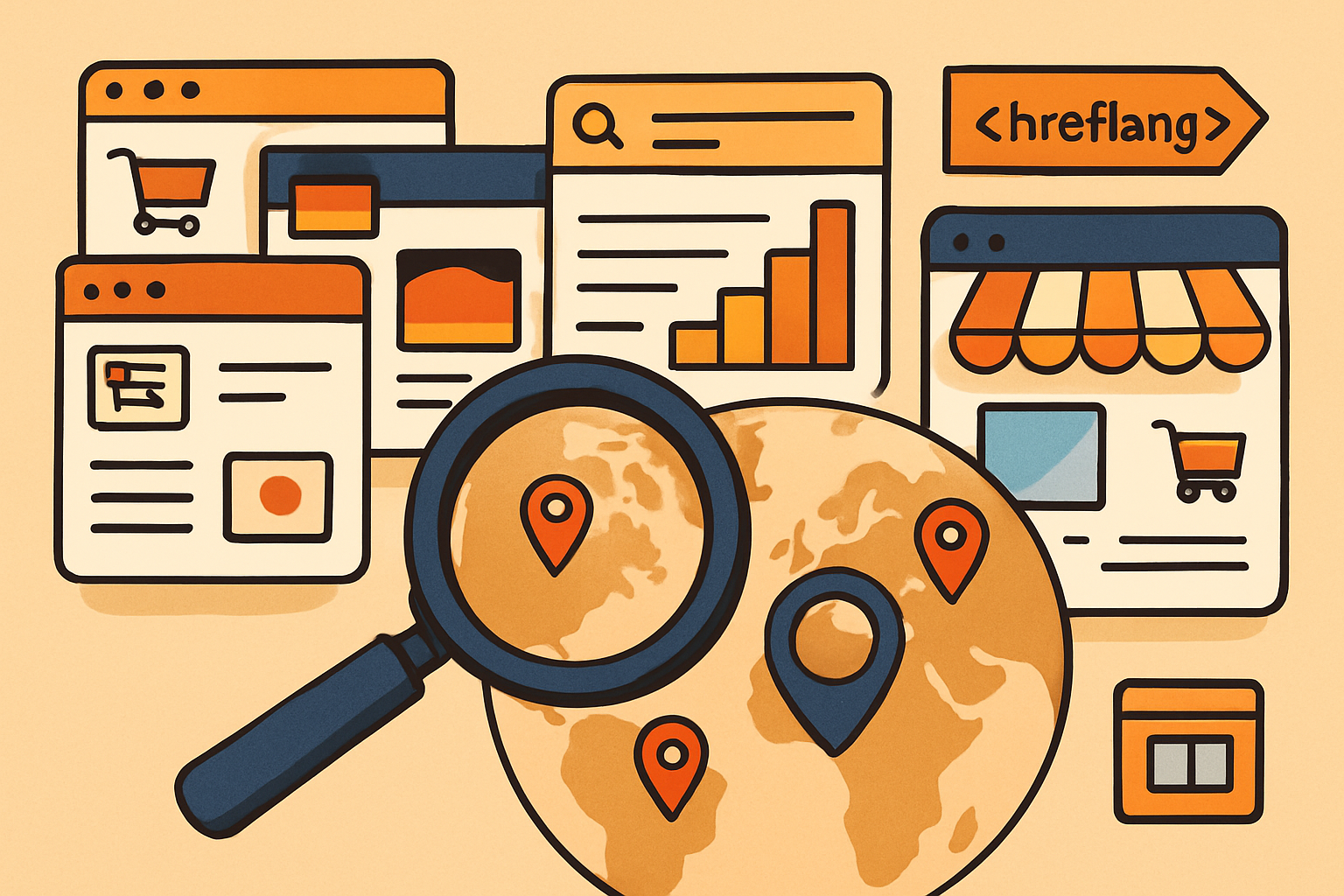 Ilustración de SEO internacional y localización para una web multidioma de ecommerce